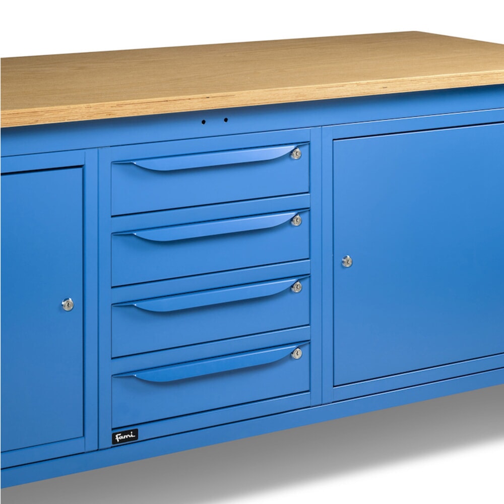 N° de l'image du produit 11 : Établi Fami, réglable en Hauteur de construction, 4 tiroirs et 2 placards, capacité de charge 1 000 kg, HxLxP 740-1,110 x 2 000 x 750 mm, RAL 5012 bleu clair