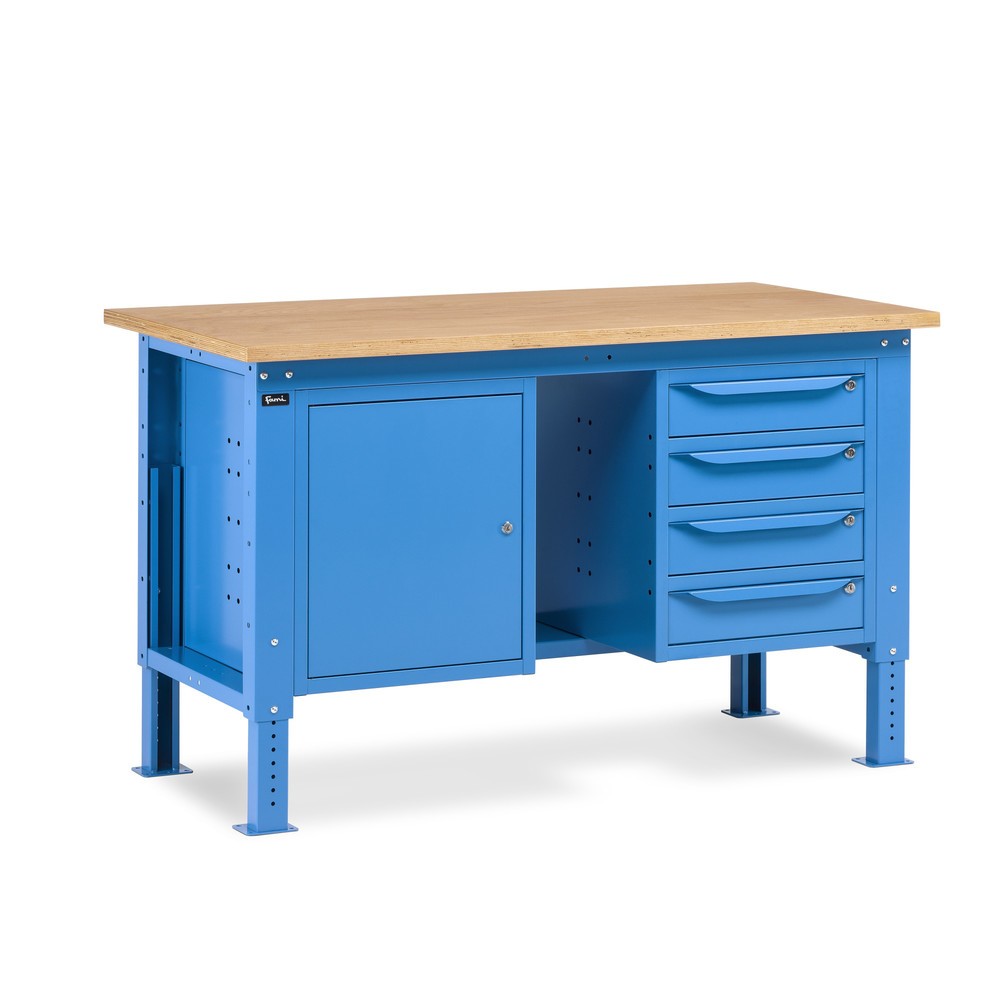 Illustration du produit: Établi Fami, réglable en Hauteur de construction, 4 tiroirs (espace) et 1 Armoire, capacité de charge 1 000 kg, HxLxP 740-1,110 x 1500 x 750 mm, RAL 5012 bleu clair