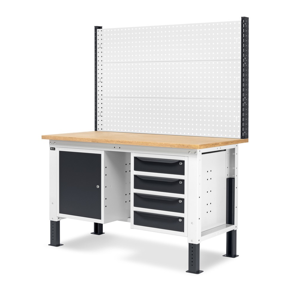 N° de l'image du produit 4 : Établi Fami, réglable en Hauteur de construction, avec Mur multifonction, 4 tiroirs (espace) et Armoire, capacité de charge 1 000 kg, HxLxP 740-1,110 x 1 500 x 750 mm, gris clair RAL 7035 /gris anthracite RAL 7016
