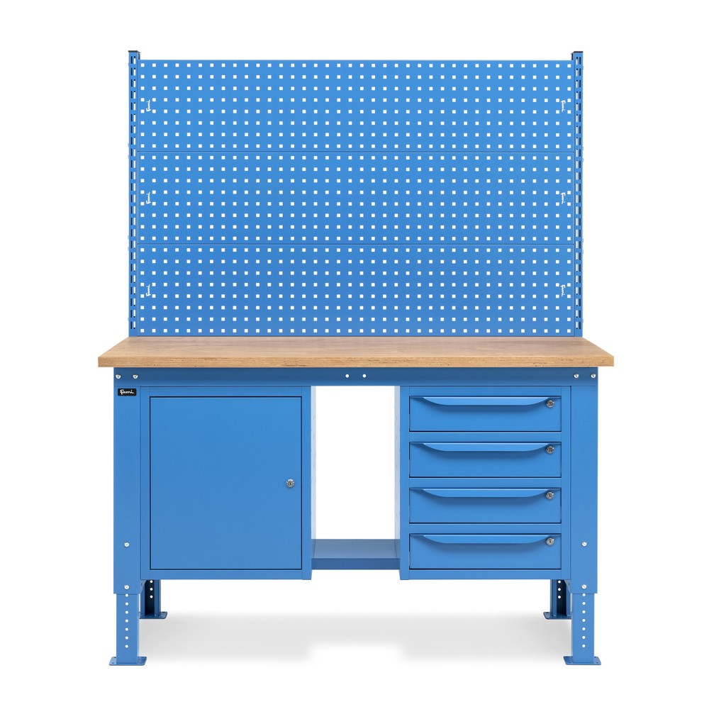 N° de l'image du produit 3 : Établi Fami, réglable en Hauteur de construction, avec Mur multifonction, 4 tiroirs (espace) et Armoire, capacité de charge 1 000 kg, HxLxP 740-1,110 x 1 500 x 750 mm, RAL 5012 bleu clair