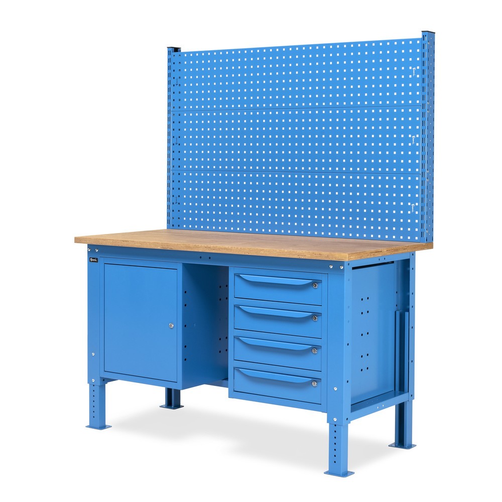 N° de l'image du produit 4 : Établi Fami, réglable en Hauteur de construction, avec Mur multifonction, 4 tiroirs (espace) et Armoire, capacité de charge 1 000 kg, HxLxP 740-1,110 x 1 500 x 750 mm, RAL 5012 bleu clair