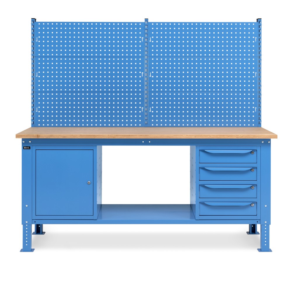 N° de l'image du produit 3 : Établi Fami, réglable en Hauteur de construction, avec Mur multifonction, 4 tiroirs et Armoire, capacité de charge 1 000 kg, HxLxP 740-1,110 x 2 000 x 750 mm, RAL 5012 bleu clair