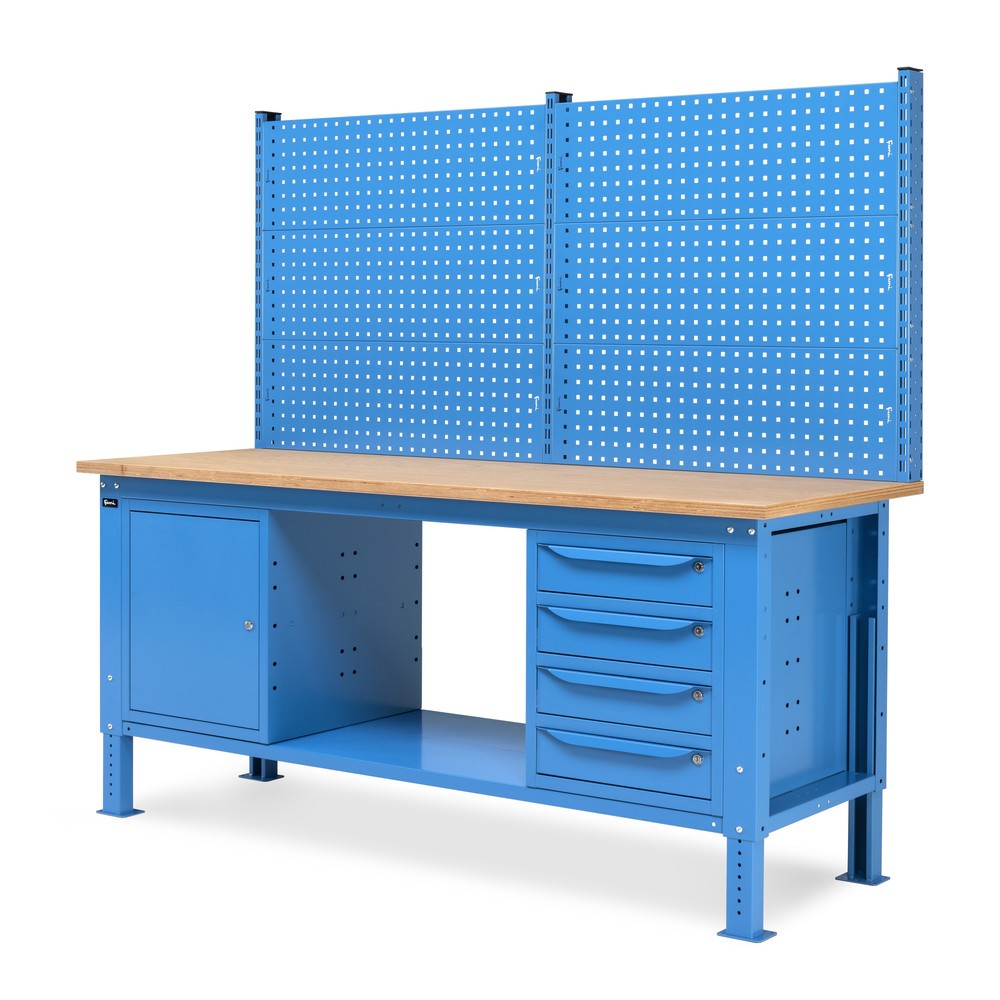 N° de l'image du produit 4 : Établi Fami, réglable en Hauteur de construction, avec Mur multifonction, 4 tiroirs et Armoire, capacité de charge 1 000 kg, HxLxP 740-1,110 x 2 000 x 750 mm, RAL 5012 bleu clair