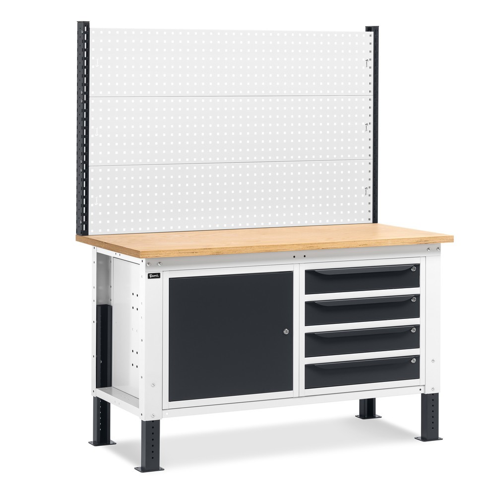 Illustration du produit: Établi Fami, réglable en Hauteur de construction, avec Mur multifonction, 4 tiroirs et Armoire, capacité de charge 1 000 kg, HxLxP 740-1,110 x 1 500 x 750 mm, gris clair/RAL 7016 gris anthracite RAL 7016