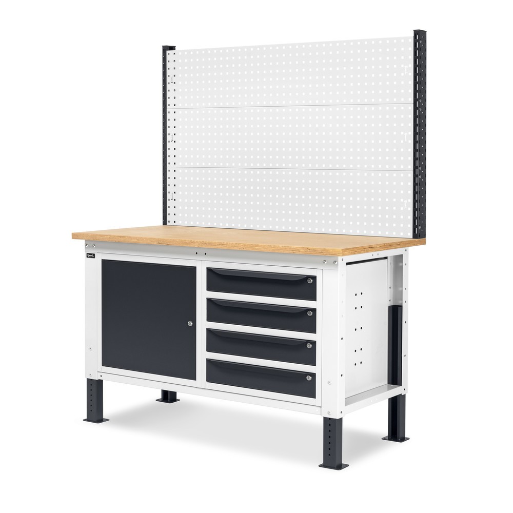 N° de l'image du produit 4 : Établi Fami, réglable en Hauteur de construction, avec Mur multifonction, 4 tiroirs et Armoire, capacité de charge 1 000 kg, HxLxP 740-1,110 x 1 500 x 750 mm, gris clair/RAL 7016 gris anthracite RAL 7016