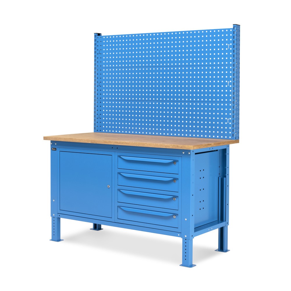 N° de l'image du produit 4 : Établi Fami, réglable en Hauteur de construction, avec Mur multifonction, 4 tiroirs et Armoire, capacité de charge 1 000 kg, HxLxP 740-1,110 x 1 500 x 750 mm, RAL 5012 bleu clair