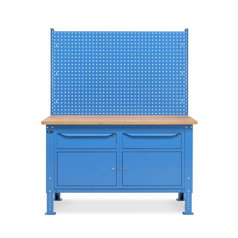 N° de l'image du produit 3 : Établi Fami, réglable en Hauteur de construction, avec Mur multifonction, 2 tiroirs et 2 placards, capacité de charge 1 000 kg, HxLxP 740-1,110 x 1 500 x 750 mm, RAL 5012 bleu clair