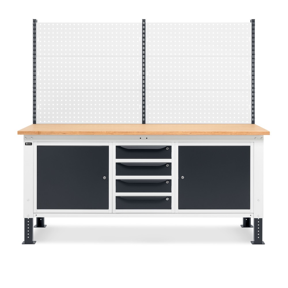 N° de l'image du produit 3 : Établi Fami, réglable en Hauteur de construction, avec Mur multifonction, 4 tiroirs et 2 armoires, capacité de charge 1 000 kg, HxLxP 740-1,110 x 2 000 x 750 mm, gris clair/RAL 7016 gris anthracite RAL 7016