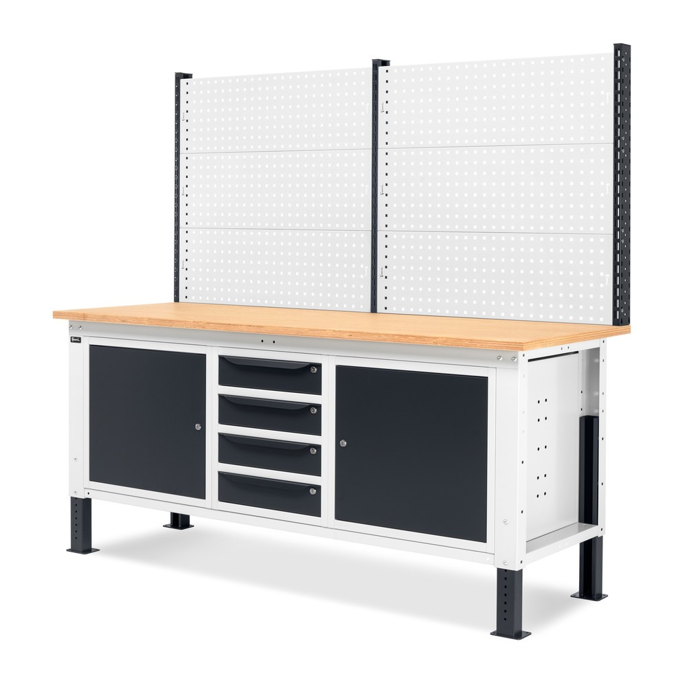 N° de l'image du produit 4 : Établi Fami, réglable en Hauteur de construction, avec Mur multifonction, 4 tiroirs et 2 armoires, capacité de charge 1 000 kg, HxLxP 740-1,110 x 2 000 x 750 mm, gris clair/RAL 7016 gris anthracite RAL 7016