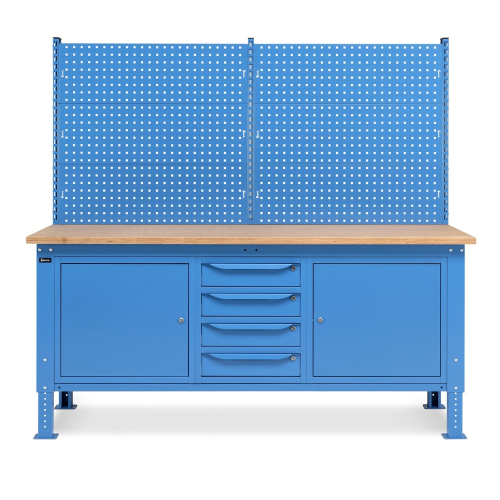N° de l'image du produit 3 : Établi Fami, réglable en Hauteur de construction, avec Mur multifonction, 4 tiroirs et 2 placards, capacité de charge 1 000 kg, HxLxP 740-1 110 x 2 000 x 750 mm, RAL 5012 bleu clair