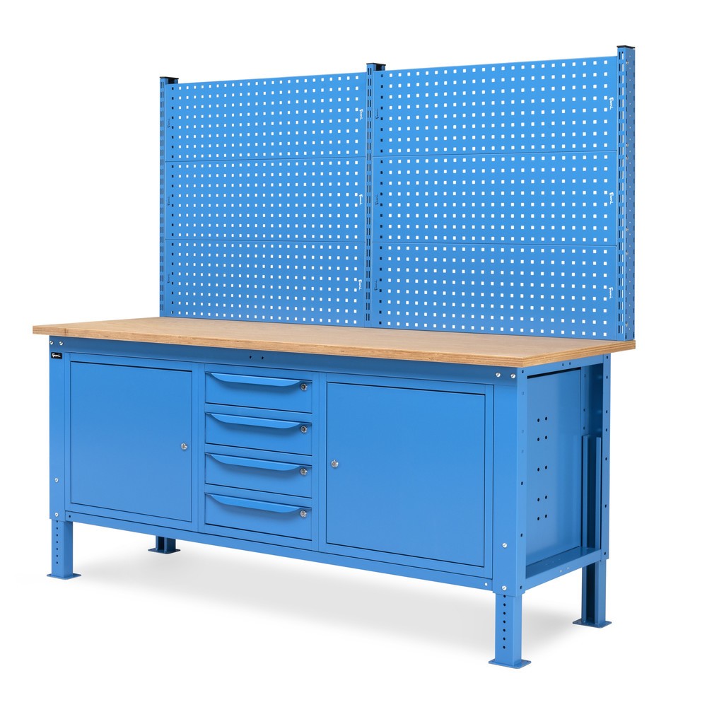 N° de l'image du produit 4 : Établi Fami, réglable en Hauteur de construction, avec Mur multifonction, 4 tiroirs et 2 placards, capacité de charge 1 000 kg, HxLxP 740-1 110 x 2 000 x 750 mm, RAL 5012 bleu clair
