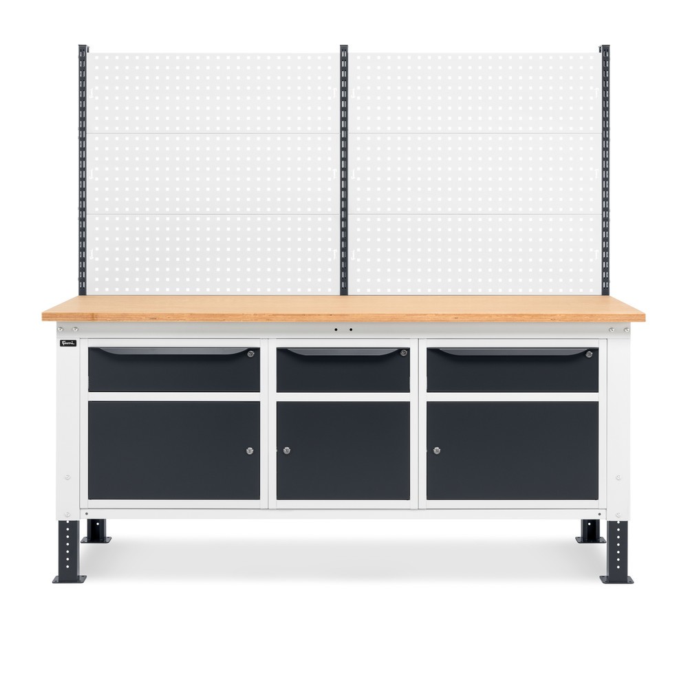 N° de l'image du produit 3 : Établi Fami, réglable en Hauteur de construction, avec Mur multifonction, 3 tiroirs et 3 armoires, capacité de charge 1 000 kg, HxLxP 740-1,110 x 2 000 x 750 mm, RAL 7016/7035