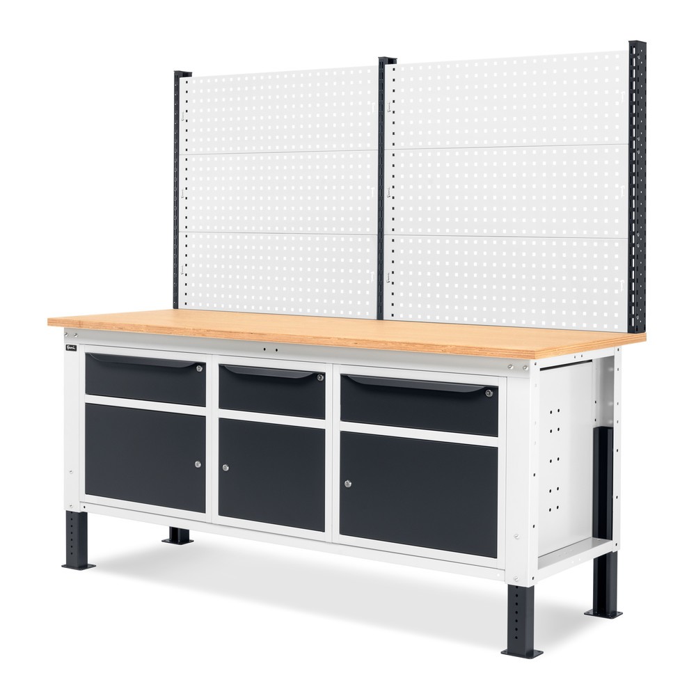 N° de l'image du produit 4 : Établi Fami, réglable en Hauteur de construction, avec Mur multifonction, 3 tiroirs et 3 armoires, capacité de charge 1 000 kg, HxLxP 740-1,110 x 2 000 x 750 mm, RAL 7016/7035
