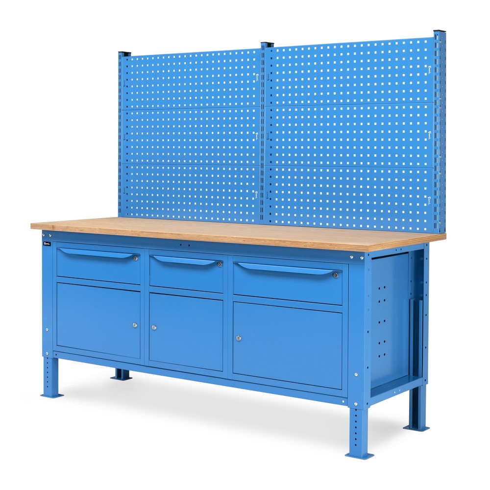 N° de l'image du produit 4 : Établi Fami, réglable en Hauteur de construction, avec Mur multifonction, 3 tiroirs et 3 armoires, capacité de charge 1 000 kg, HxLxP 740-1,110 x 2 000 x 750 mm, RAL 5012 bleu clair