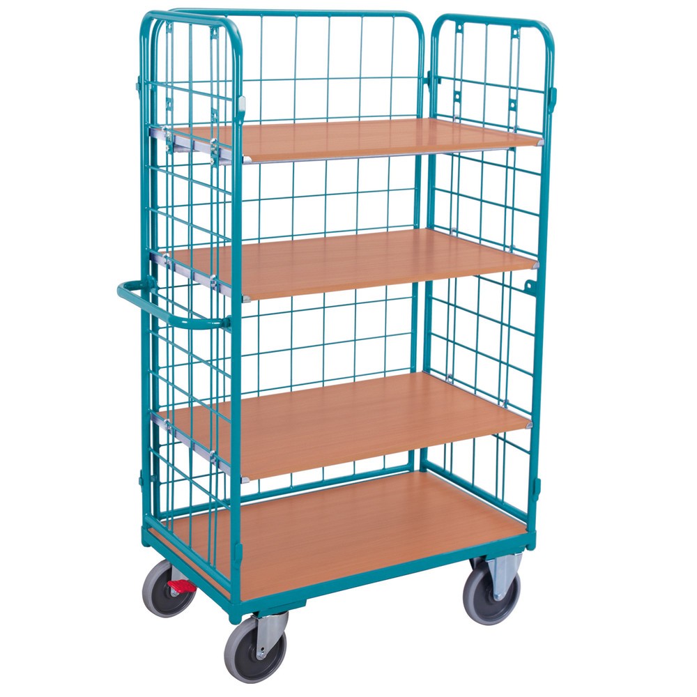 Produktabbildung: Etagenwagen Ameise®, mit Drahtgitter, 3-seitig geschlossen, 4 Etagen à 1.000 x 700 mm, mit Zentralbremse