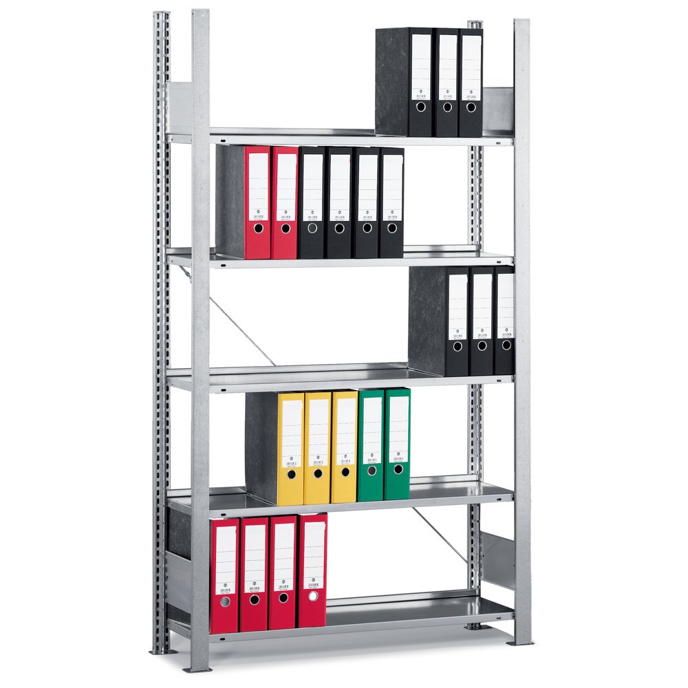N° de l'image du produit 1 : META Étagère à dossiers, module de base, simple face, sans tablette de couverture, charge par tablette 80 kg, galvanisée, HxlxP 1 850 x 750 x 300 mm