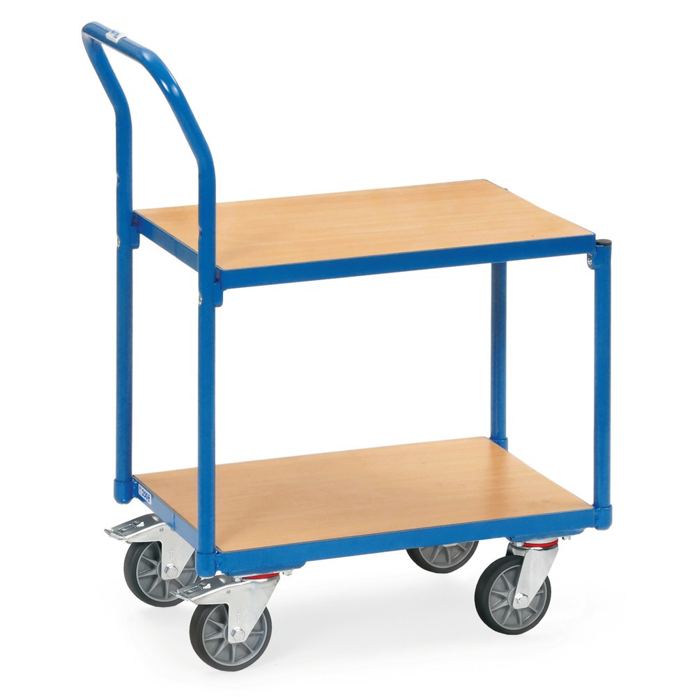 Obrázek produktu: Etážový vozík fetra®, 2 dřevěné police à 605 x 405 mm, bez zvýšeného okraje, s madlem