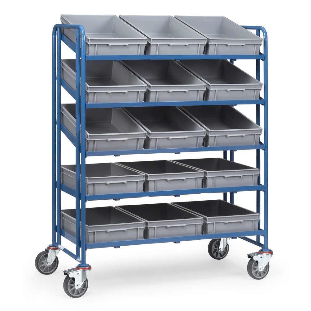 Obrázok výrobku: Etážový vozík na europrepravky fetra® , s prepravkami, nosnosť 300 kg, 5 políc s rozmermi 1 240 × 610 mm