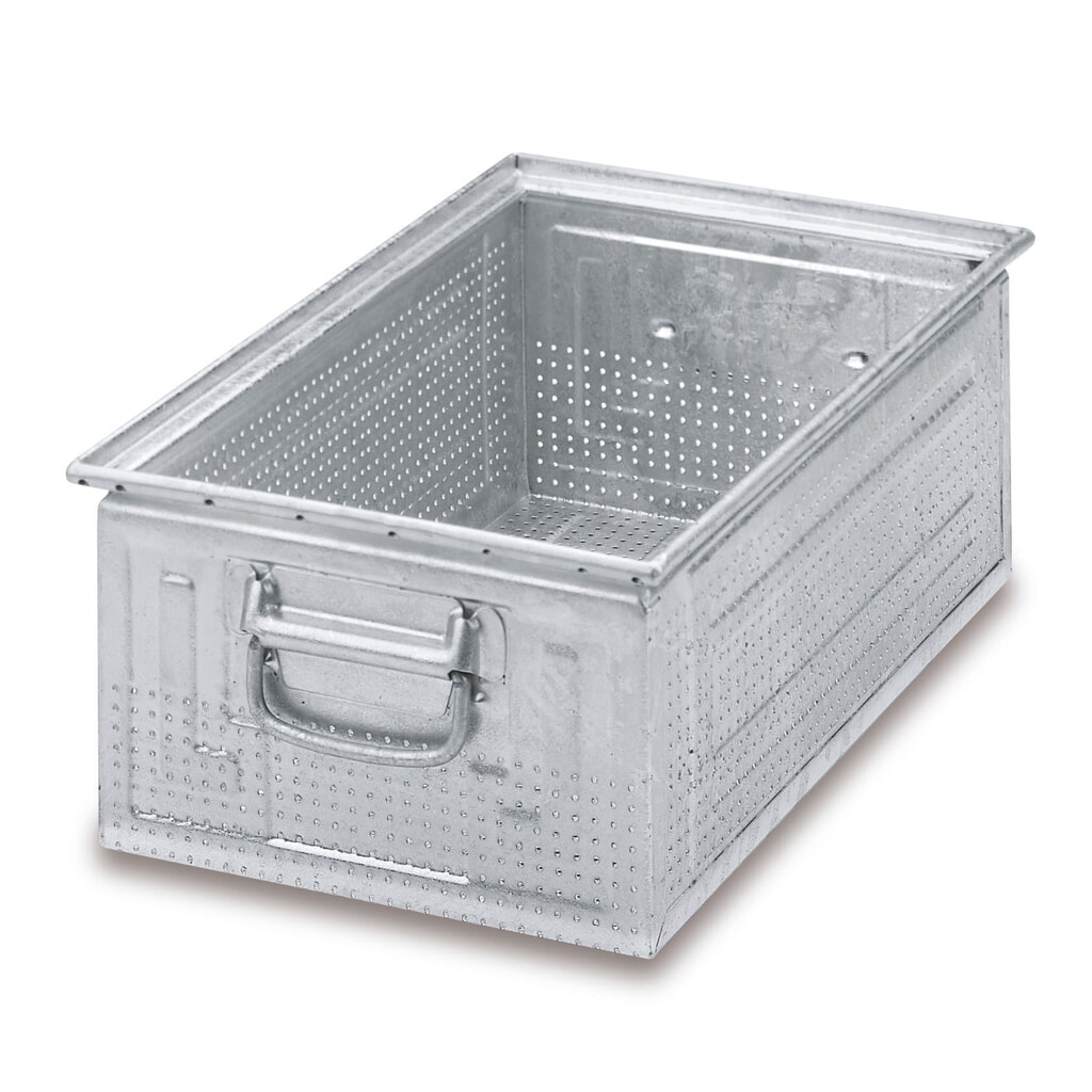 Produktabbildung Nr. 1: Drehstapelbehälter aus Stahlblech, mit feiner Lochung Ø 3 mm, HxBxT 200 x 350 x 200 mm