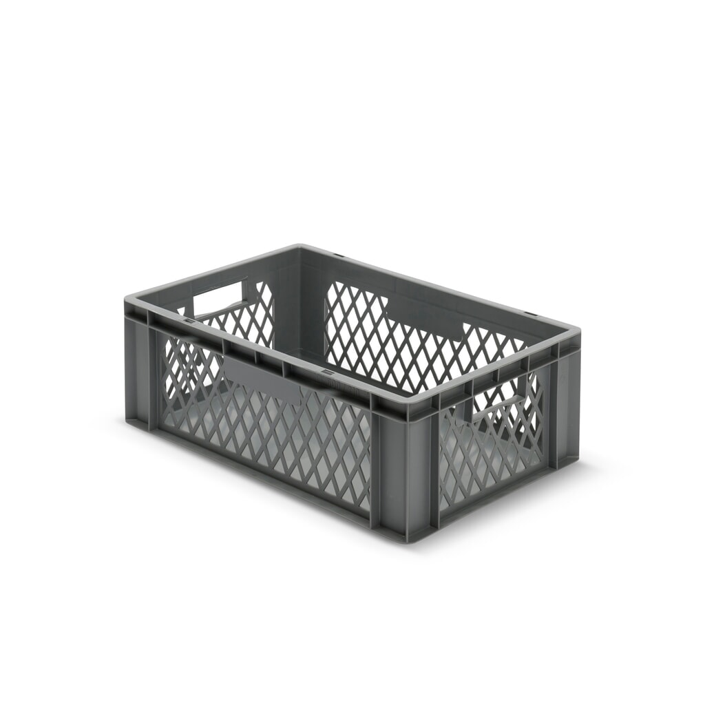 Euroboxen, Wände durchbrochen + Böden geschlossen, 40 Liter, grau, Griffe Produktabbildung: Euroboxen, Wände durchbrochen + Böden geschlossen, 40 Liter, grau, Griffe