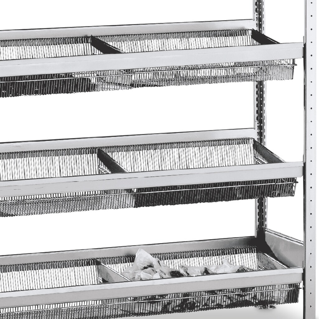 Produktabbildung: Fachkorbebene für SCHULTE Fachbodenregal mit engmaschigen Körben, BxT 1.500 x 400 mm