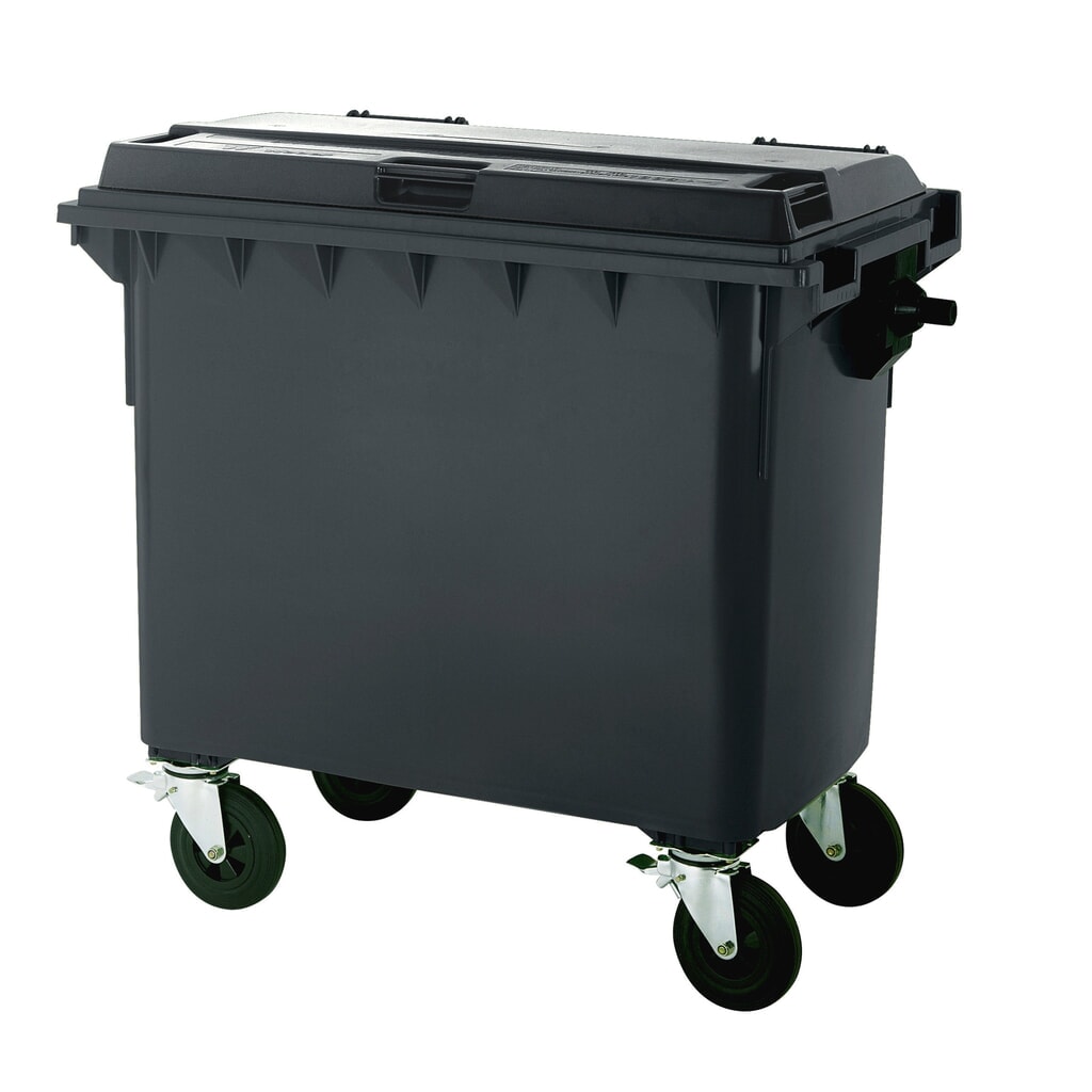 Fahrbare Groß-Mülltonne mit 4 Rollen, Flachdeckel, 660 Liter, schwarzgrau, Deckel schwarzgrau Produktabbildung: Fahrbare Groß-Mülltonne mit 4 Rollen, Flachdeckel, 660 Liter, schwarzgrau, Deckel schwarzgrau