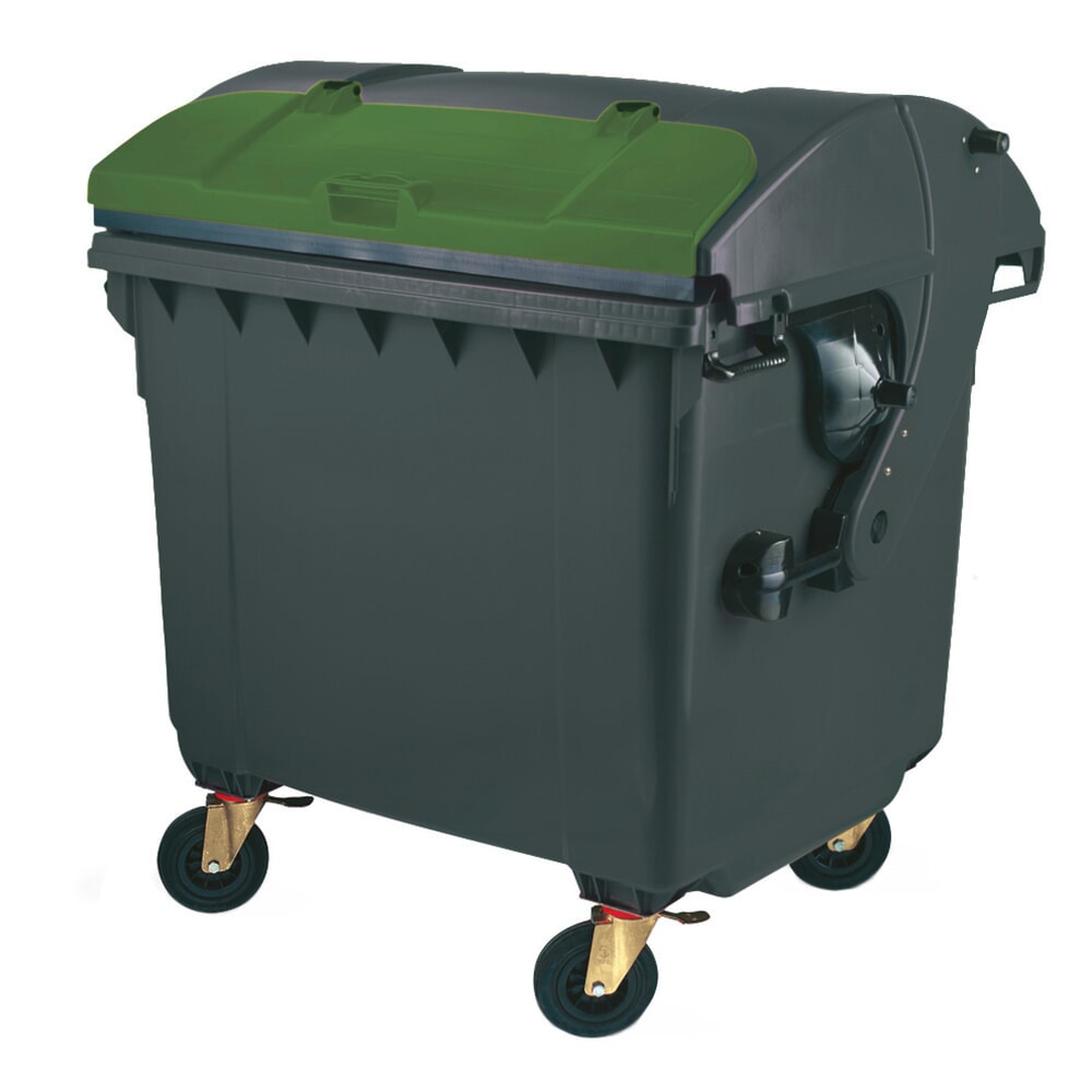 Produktabbildung: Fahrbare Groß-Mülltonne mit 4 Rollen, Runddeckel mit Klappe, 1.100 Liter, schwarzgrau, Klappe grün