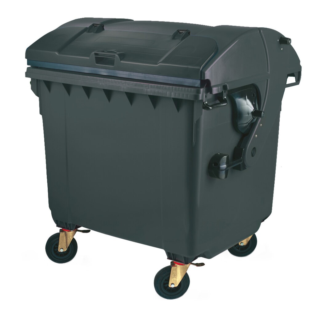 Fahrbare Groß-Mülltonne mit 4 Rollen, Runddeckel mit Klappe, 1.100 Liter, schwarzgrau, Klappe schwarzgrau Produktabbildung: Fahrbare Groß-Mülltonne mit 4 Rollen, Runddeckel mit Klappe, 1.100 Liter, schwarzgrau, Klappe schwarzgrau