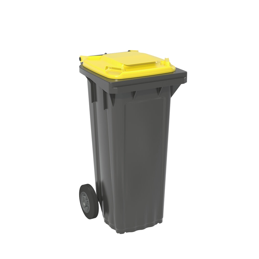 Produktabbildung: Fahrbare Mülltonne aus HDPE, 2 Rollen, 80 Liter, schwarzgrau, Deckel gelb