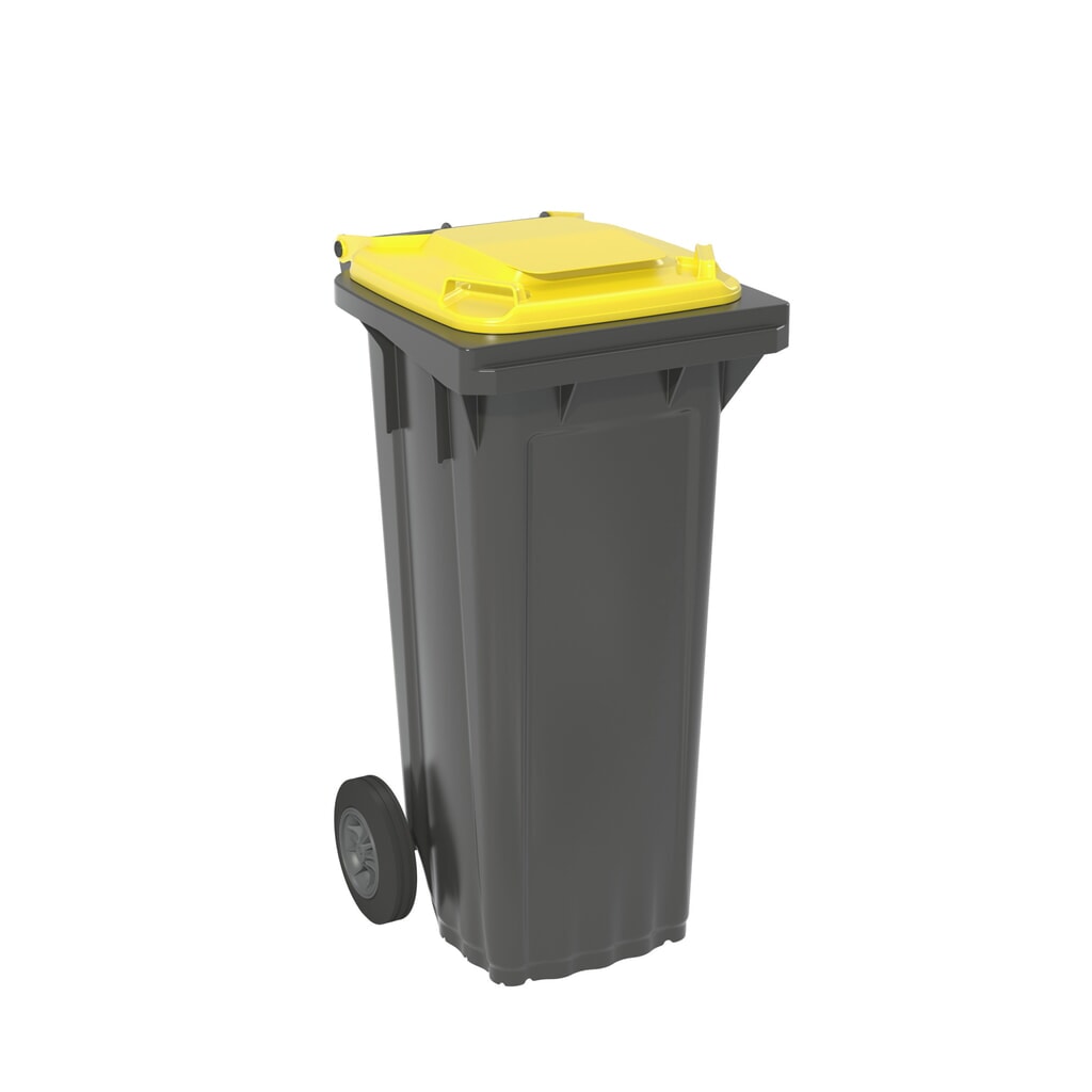 Produktabbildung: Fahrbare Mülltonne aus HDPE, 2 Rollen, 80 Liter, schwarzgrau, Deckel gelb