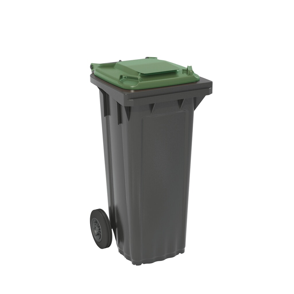 Fahrbare Mülltonne aus HDPE, 2 Rollen, 80 Liter, schwarzgrau, Deckel grün Produktabbildung: Fahrbare Mülltonne aus HDPE, 2 Rollen, 80 Liter, schwarzgrau, Deckel grün