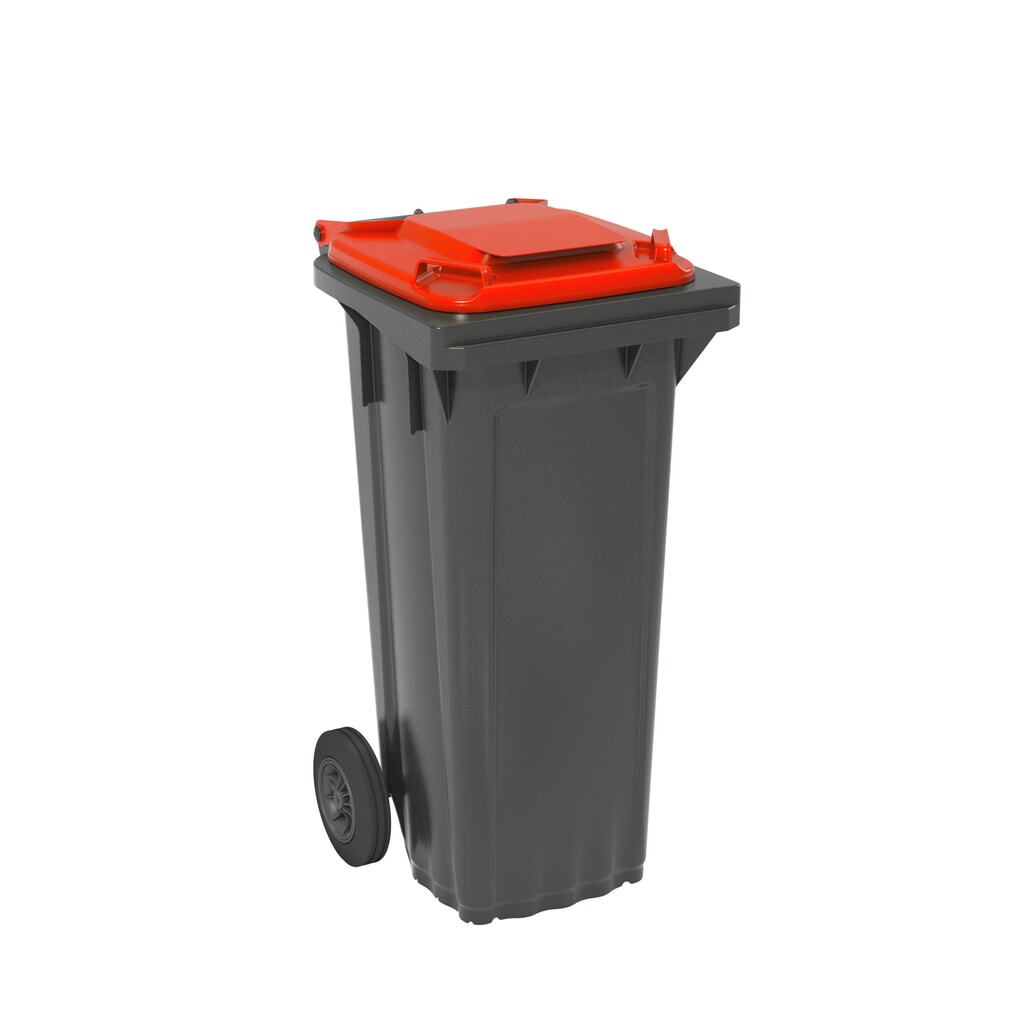 Produktabbildung: Fahrbare Mülltonne aus HDPE, 2 Rollen, 80 Liter, schwarzgrau, Deckel rot