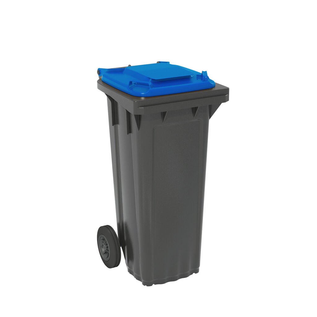 Fahrbare Mülltonne aus HDPE, 2 Rollen, 80 Liter, schwarzgrau, Deckel blau Produktabbildung: Fahrbare Mülltonne aus HDPE, 2 Rollen, 80 Liter, schwarzgrau, Deckel blau
