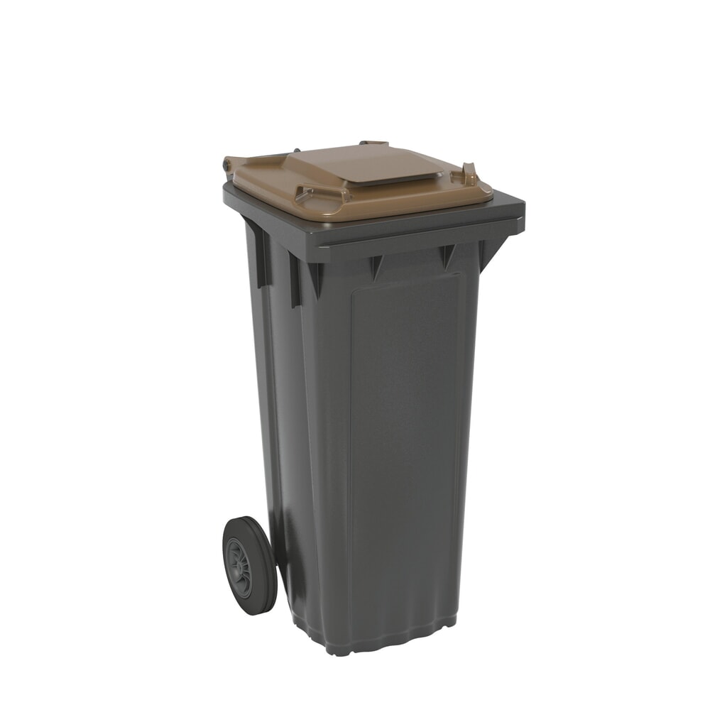 Produktabbildung: Fahrbare Mülltonne aus HDPE, 2 Rollen, 80 Liter, schwarzgrau, Deckel braun