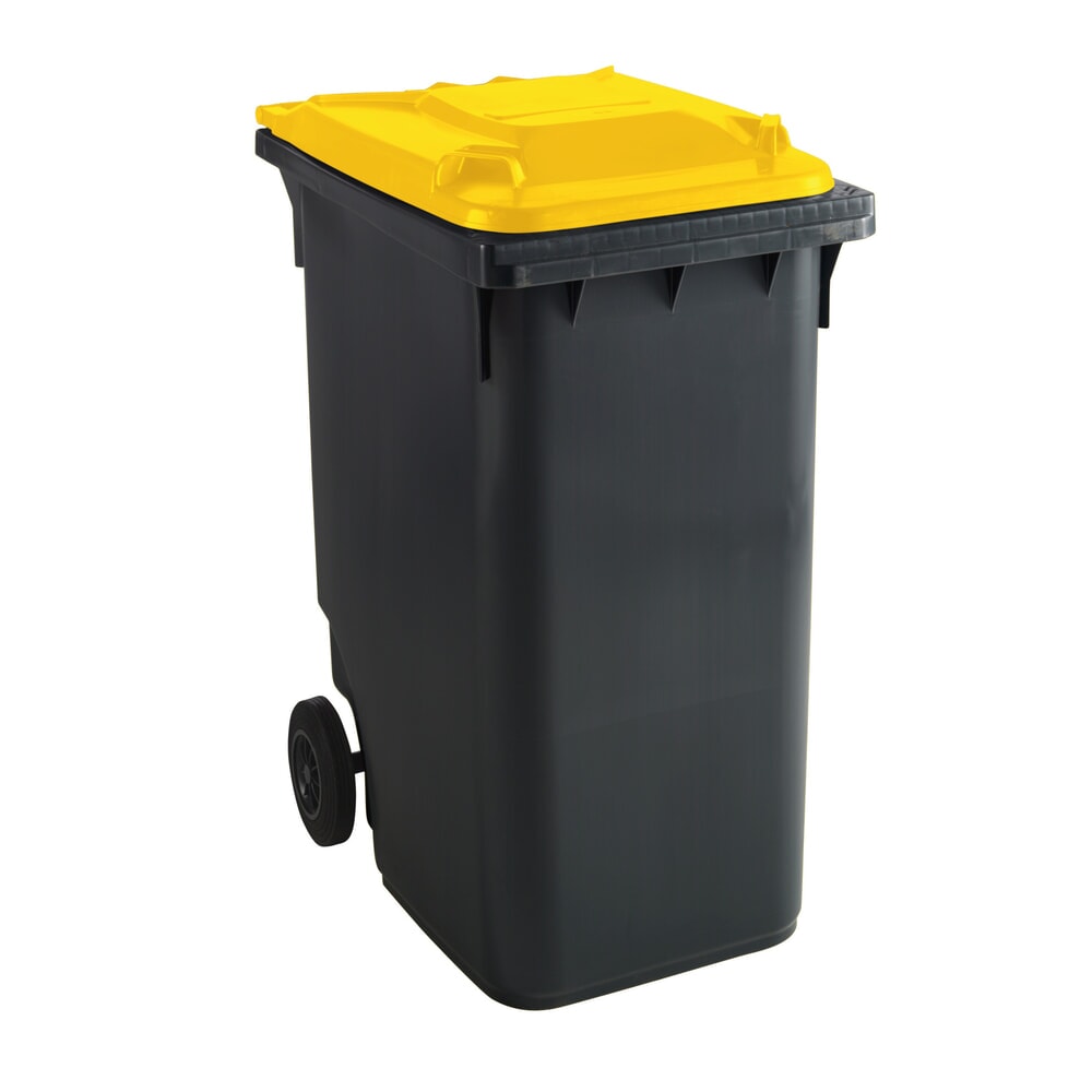 Produktabbildung: Fahrbare Mülltonne GMT eXtra aus HDPE nach DIN EN 840, 360 Liter, schwarzgrau, Deckel gelb
