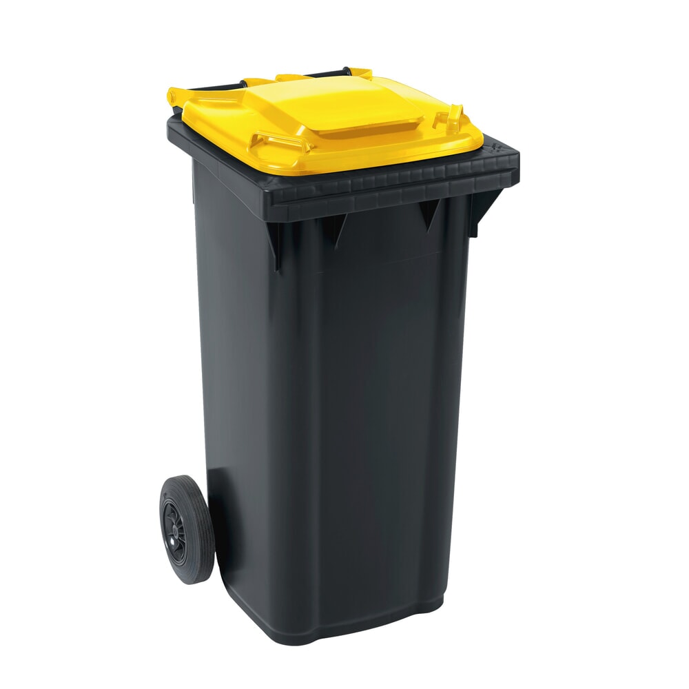 Produktabbildung: Fahrbare Mülltonne GMT eXtra aus HDPE nach DIN EN 840, 120 Liter, schwarzgrau, Deckel gelb
