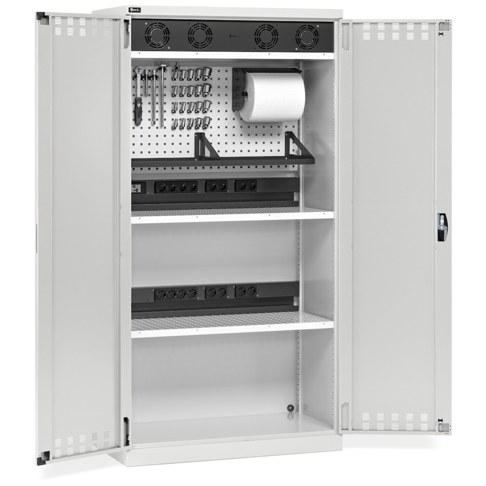 Produktabbildung: Fami PERFOM Akku-Ladeschrank, 2 Lochböden, Energiekanäle, Steckdosenleisten, Ventilatorgitter, HxBxT 2.000 x 1.023 x 555 mm, lichtgrau