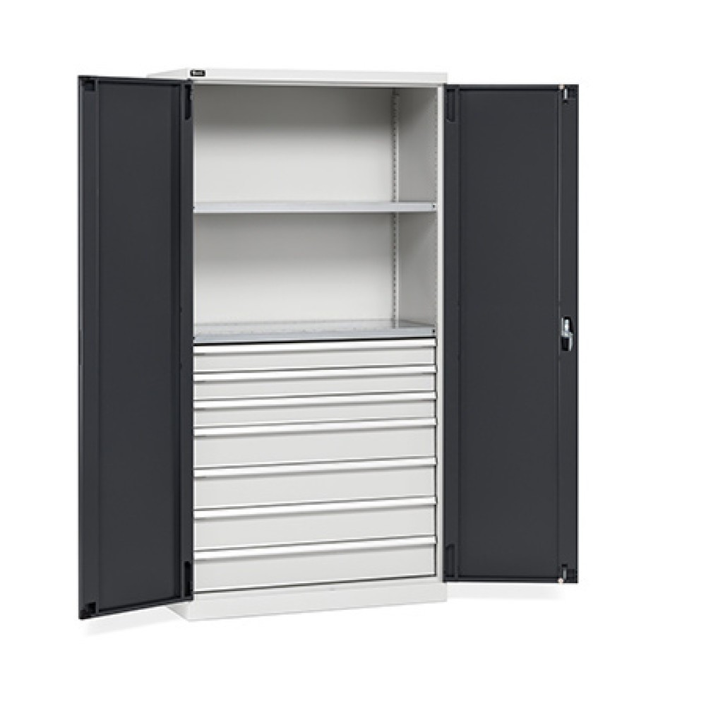 Illustration du produit: Fami PERFOM Armoire à portes battantes, 7 tiroirs, 2 tablettes, HxlxP 2 000 x 1 023 x 726 mm, gris clair, anthracite
