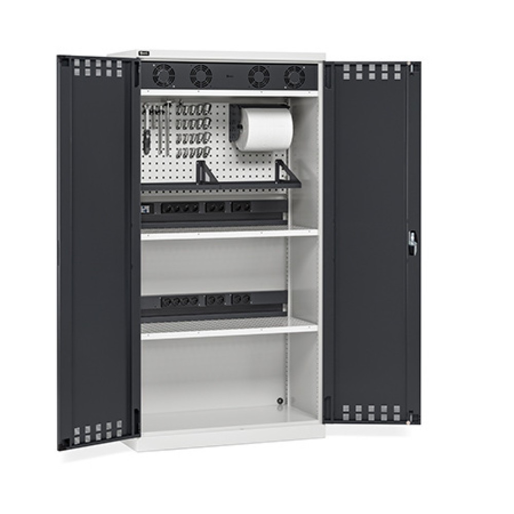 Illustration du produit: Fami PERFOM Armoire de charge de batteries, 2 tablettes perforées, rampes pour prises électriques, multiprises, grille de ventilateur, HxlxP 2 000 x 1 023 x 726 mm, gris clair, anthracite