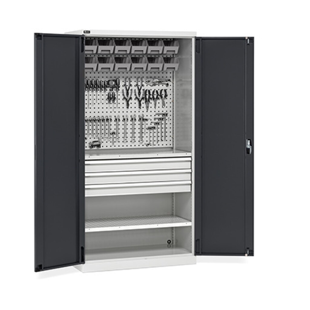 Fami PERFOM Werkstattschrank, 3 Schubladen, Lochplatten, Sichtlagerkasten, HxBxT 2.000 x 1.023 x 555 mm, lichtgrau, anthrazit Produktabbildung: Fami PERFOM Werkstattschrank, 3 Schubladen, Lochplatten, Sichtlagerkasten, HxBxT 2.000 x 1.023 x 555 mm, lichtgrau, anthrazit