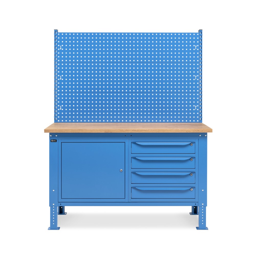 Číslo obrázka výrobku 3: Fami pracovný stôl, výškovo nastaviteľná, s multifunkčnou stenou, 4 zásuvky a skrinka, nosnosť 1 000 kg, V x Š x H 740-1,110 x 1 500 x 750 mm, RAL 5012 svetlomodrá