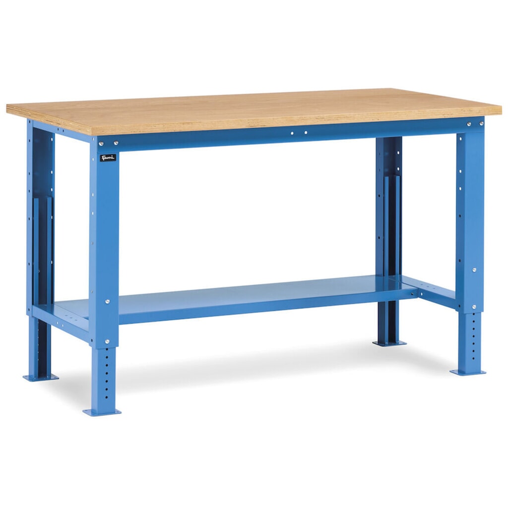 Fami Werkbank, höhenverstellbar, TK 1.000 kg, HxBxT 740-1.110 x 1.500 x 750 mm, RAL 5012 lichtblau Produktabbildung Nr. 2: Fami Werkbank, höhenverstellbar, TK 1.000 kg, HxBxT 740-1.110 x 1.500 x 750 mm, RAL 5012 lichtblau