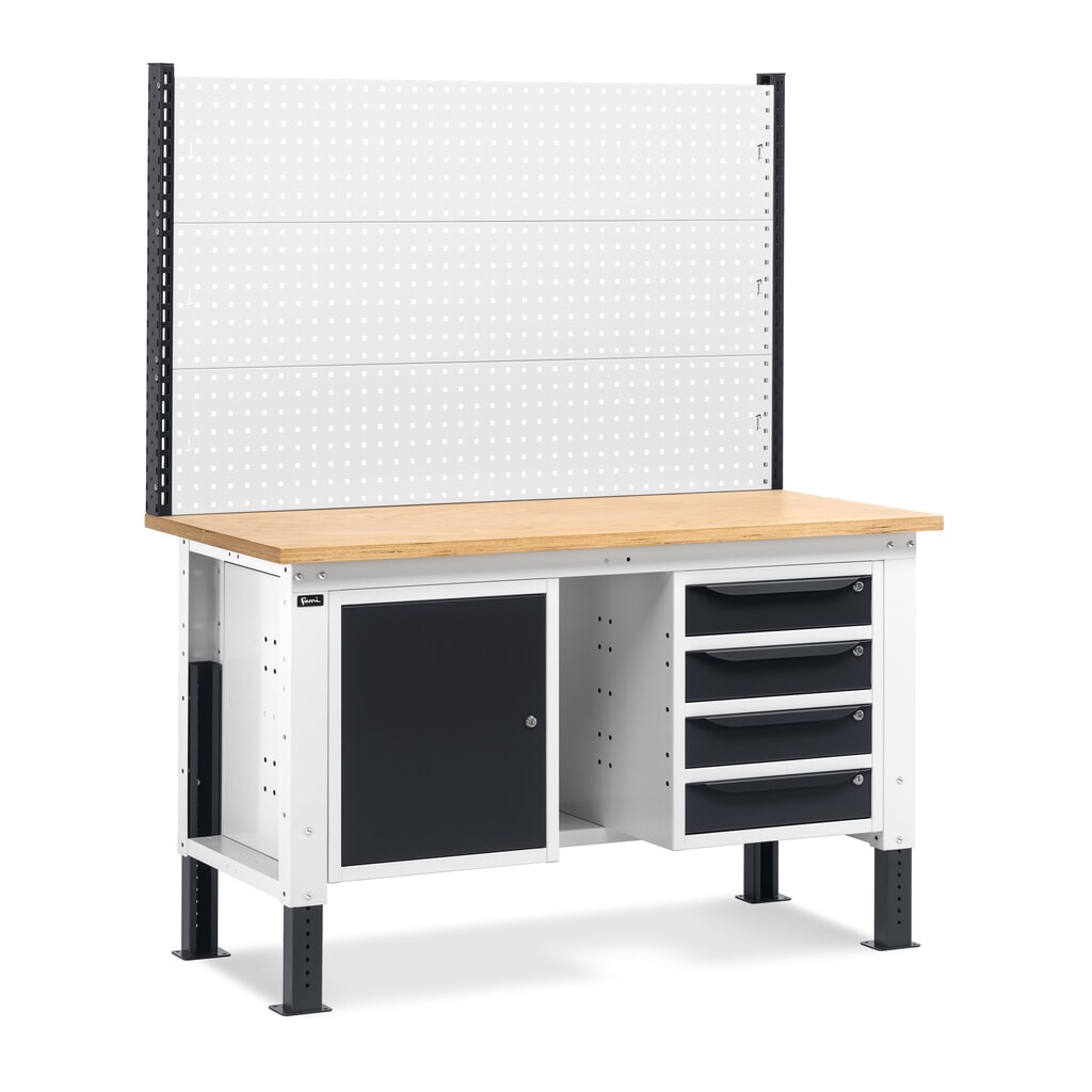 Fami Werkbank, höhenverstellbar, mit Multifunktionswand, 4 Schubladen, Ablage u. Schrank, TK 1.000 kg, HxBxT 740-1.110 x 1.500 x 750 mm, RAL 7035 lichtgrau / RAL 7016 anthrazitgrau Produktabbildung: Fami Werkbank, höhenverstellbar, mit Multifunktionswand, 4 Schubladen, Ablage u. Schrank, TK 1.000 kg, HxBxT 740-1.110 x 1.500 x 750 mm, RAL 7035 lichtgrau / RAL 7016 anthrazitgrau