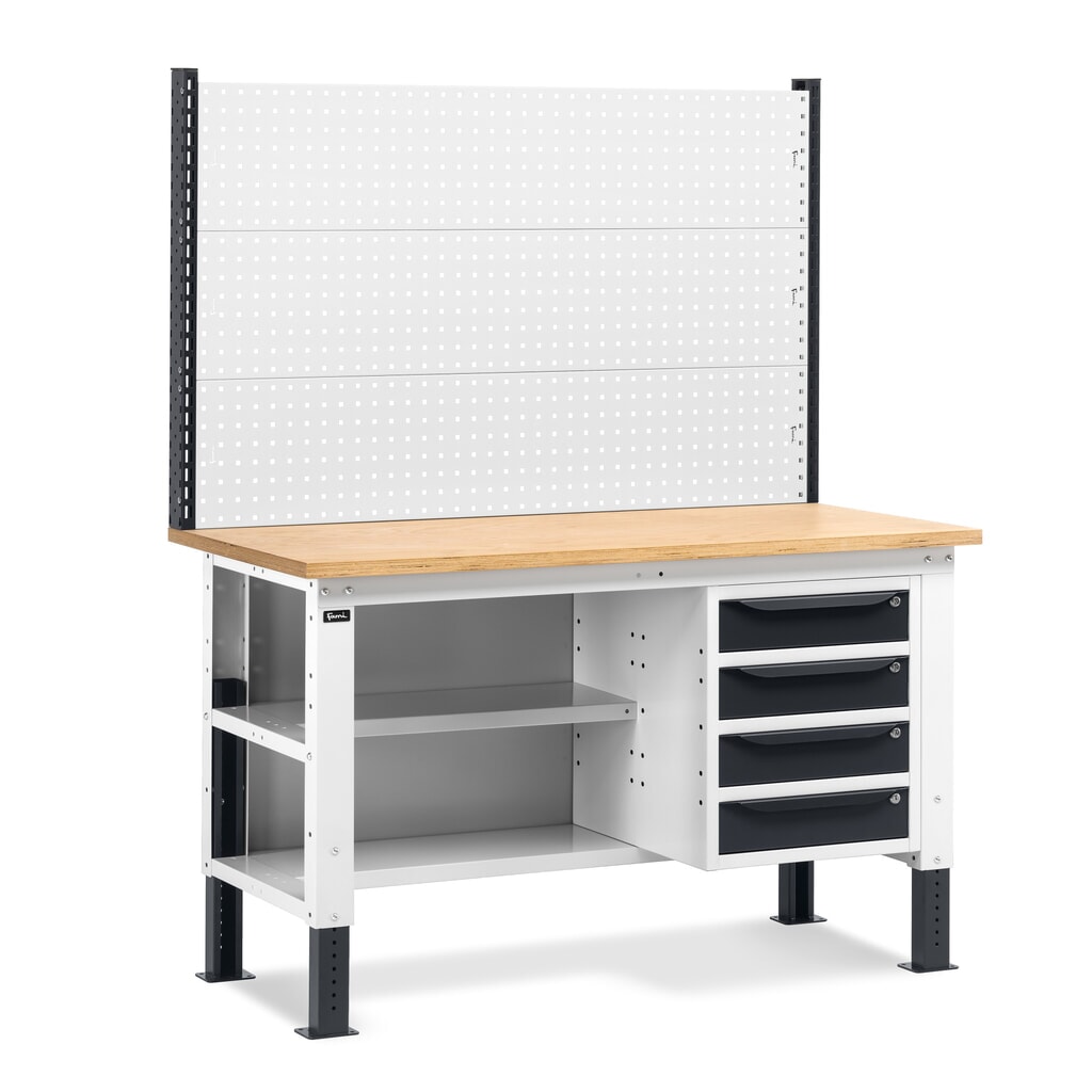 Produktabbildung: Fami Werkbank, höhenverstellbar, mit Multifunktionswand, 4 Schubladen, Rückwand mit 2 Fachböden, TK 1.000 kg, HxBxT 740-1.110 x 1.500 x 750 mm, RAL 7035 lichtgrau / RAL 7016 anthrazitgrau