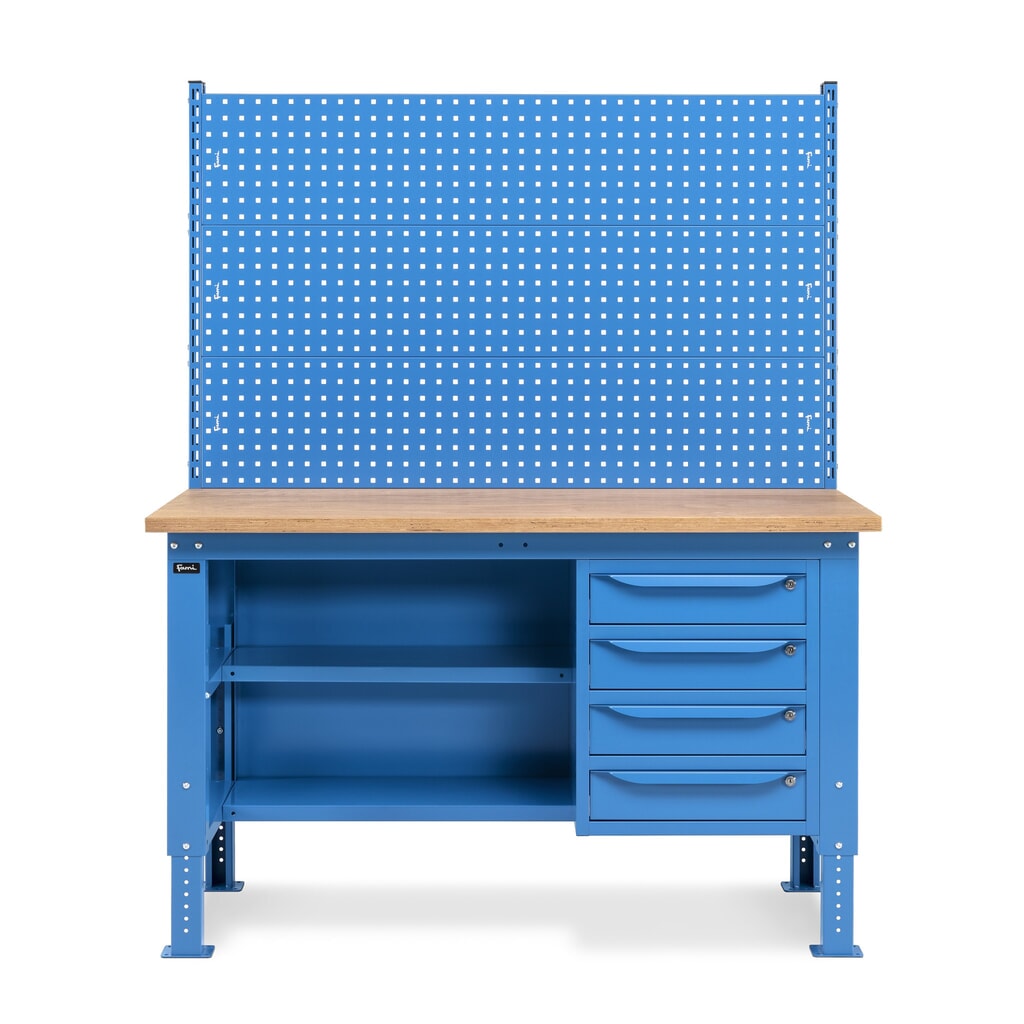 Fami Werkbank, höhenverstellbar, mit Multifunktionswand, 4 Schubladen, Rückwand mit 2 Fachböden, TK 1.000 kg, HxBxT 740-1.110 x 1.500 x 750 mm, RAL 5012 lichtblau Produktabbildung Nr. 2: Fami Werkbank, höhenverstellbar, mit Multifunktionswand, 4 Schubladen, Rückwand mit 2 Fachböden, TK 1.000 kg, HxBxT 740-1.110 x 1.500 x 750 mm, RAL 5012 lichtblau