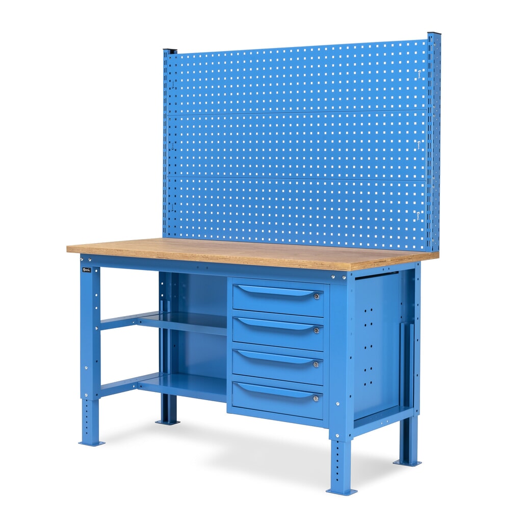 Produktabbildung Nr. 3: Fami Werkbank, höhenverstellbar, mit Multifunktionswand, 4 Schubladen, Rückwand mit 2 Fachböden, TK 1.000 kg, HxBxT 740-1.110 x 1.500 x 750 mm, RAL 5012 lichtblau