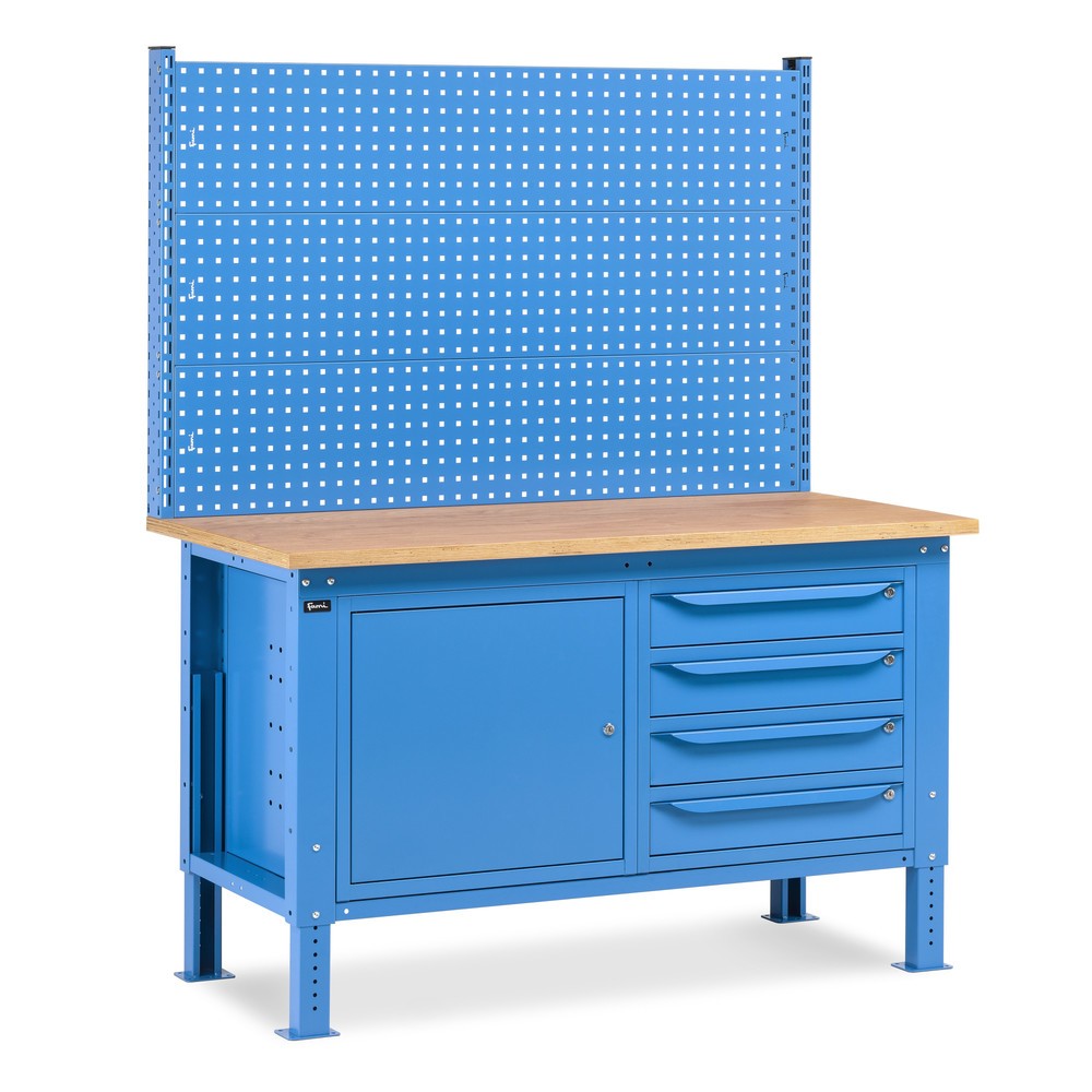 Produktabbildung Nr. 1: Fami Werkbank, höhenverstellbar, mit Multifunktionswand, 4 Schubladen u. Schrank, TK 1.000 kg, HxBxT 740-1.110 x 1.500 x 750 mm, RAL 5012 lichtblau
