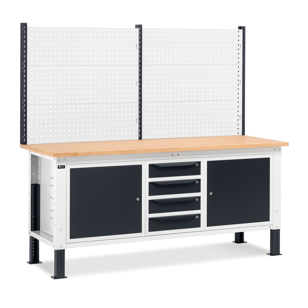 Produktabbildung: Fami Werkbank, höhenverstellbar, mit Multifunktionswand, 4 Schubladen u. 2 Schränke, TK 1.000 kg, HxBxT 740-1.110 x 2.000 x 750 mm, RAL 7035 lichtgrau / RAL 7016 anthrazitgrau