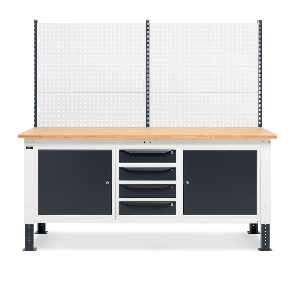 Fami Werkbank, höhenverstellbar, mit Multifunktionswand, 4 Schubladen u. 2 Schränke, TK 1.000 kg, HxBxT 740-1.110 x 2.000 x 750 mm, RAL 7035 lichtgrau / RAL 7016 anthrazitgrau Produktabbildung Nr. 3: Fami Werkbank, höhenverstellbar, mit Multifunktionswand, 4 Schubladen u. 2 Schränke, TK 1.000 kg, HxBxT 740-1.110 x 2.000 x 750 mm, RAL 7035 lichtgrau / RAL 7016 anthrazitgrau