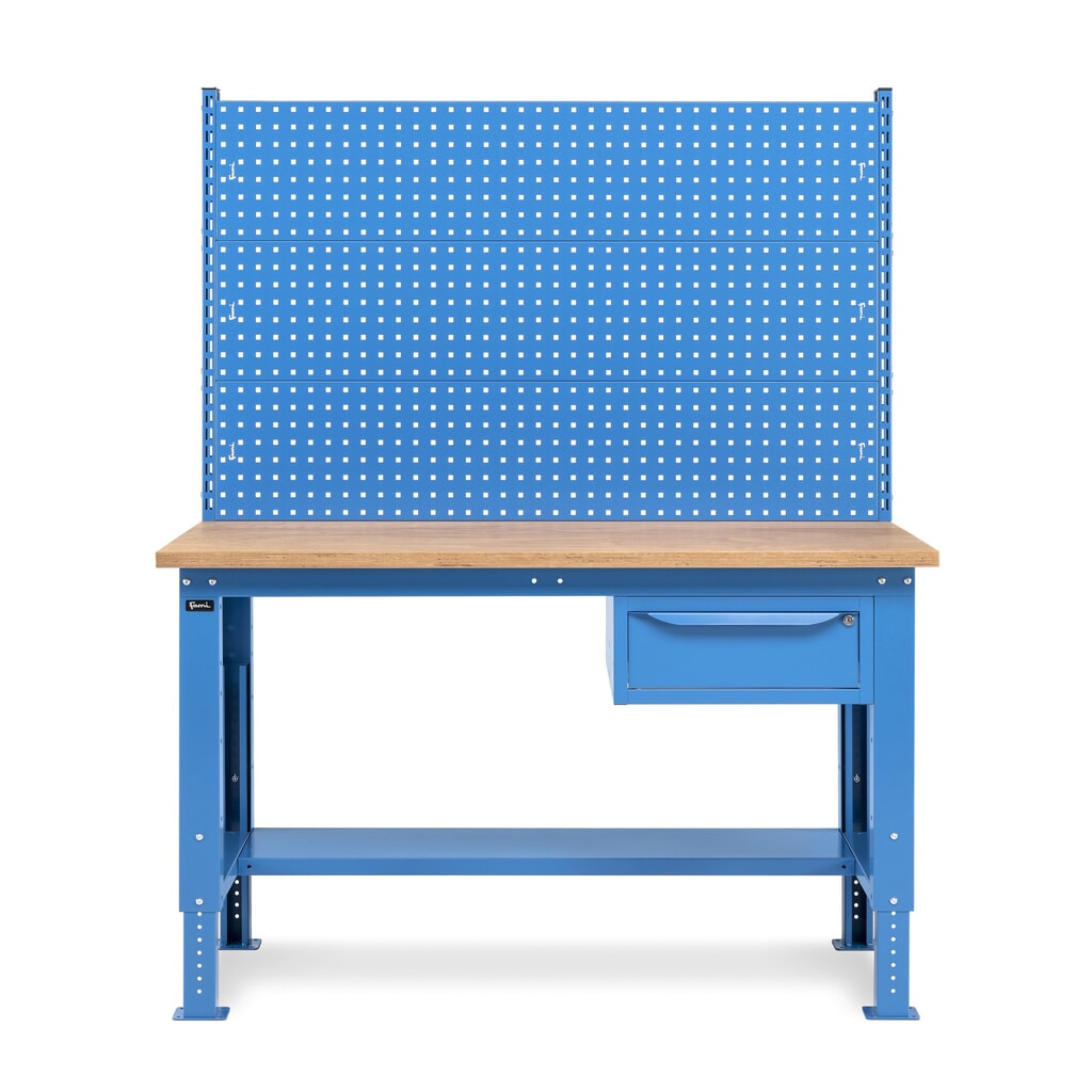 Fami Werkbank, höhenverstellbar, mit Multifunktionswand u. 1 Schublade, TK 1.000 kg, HxBxT 740-1.110 x 1.500 x 750 mm, RAL 5012 lichtblau Produktabbildung Nr. 4: Fami Werkbank, höhenverstellbar, mit Multifunktionswand u. 1 Schublade, TK 1.000 kg, HxBxT 740-1.110 x 1.500 x 750 mm, RAL 5012 lichtblau